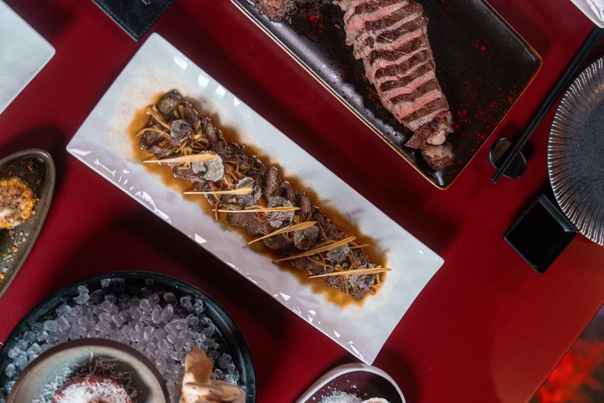 Sliced beef, plated